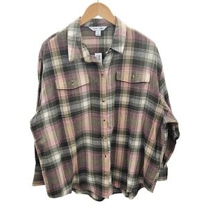 Old Navy Womens XL Pink & Green Plaid Boyfriend Flannel‎ Shirt Button Up Top